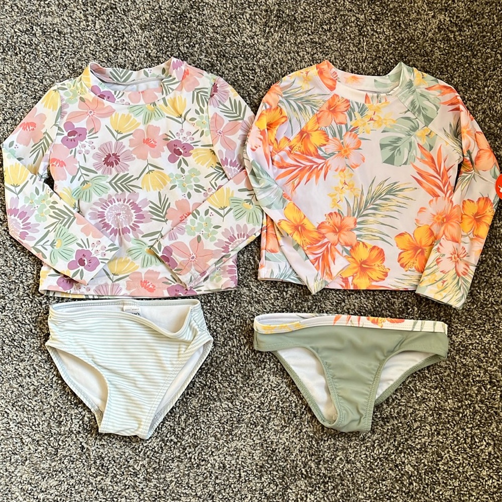 Girls' Long Sleeve Floral Rash Guard Swim Set - Pink & Orange